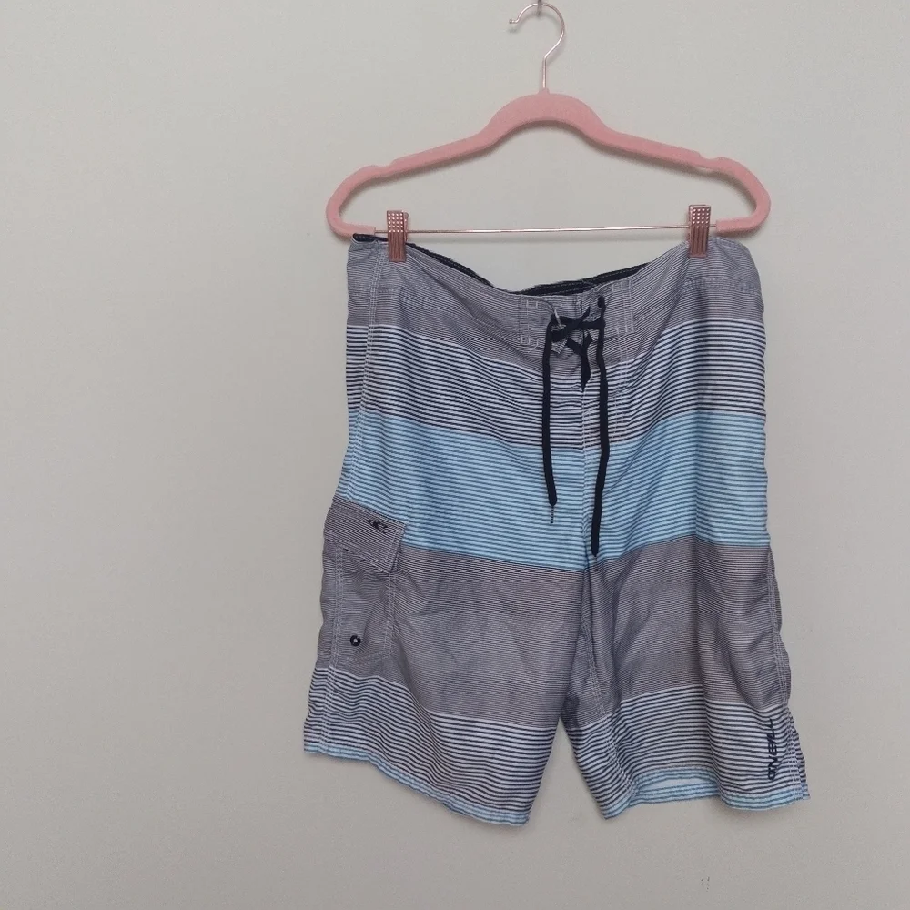 O' Neill Men's Blue, White, And Black Striped Drawstring Board Shorts Size 34